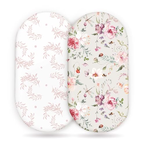 Image of Stretch Ultra Soft Fitted Bassinet Sheet Set 2 Pack, Universal Fit for Bassinets Baby Cradle Moses Basket Oval Rectangle Mattress Safe and Snug, Beautiful Flowers and Insects Pattern for Baby Girls