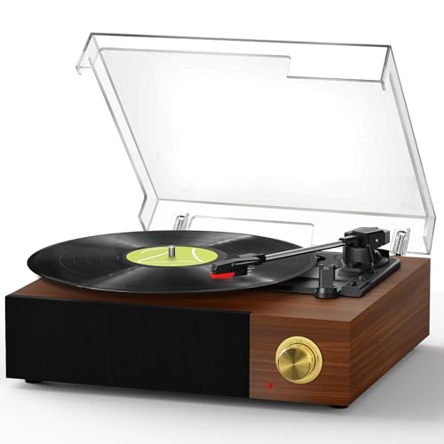 FYDEE Platine Vinyle, Tourne Disque avec Bluetooth, Vitesses 33/45/78 Tours, Haut-parleurs Stéréo Intégrés, Sortie RCA pour Appareils Externes et Couvercle Transparent - Teck