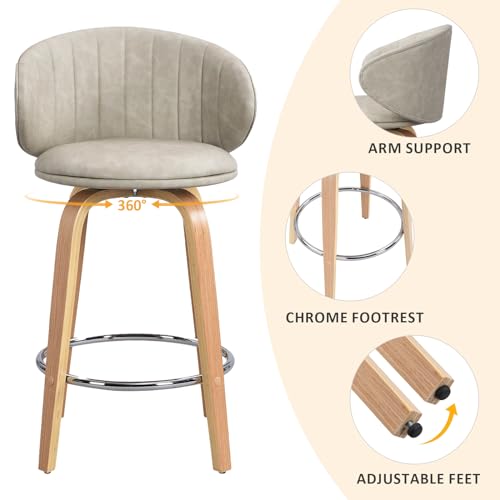 Butacos Modernos de Bar, Juego de 2, Estilo Mid Century, con Asiento Giratorio y Espaldar, Tapizados en Cuero Sintético, Color Beige, para Cocina, Isla o Restaurante miniatura 5