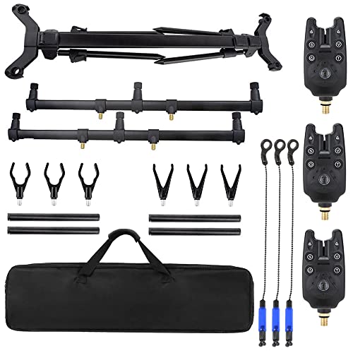 Taruor Adjustable Retractable Carp Fishing Rod Stand Holder Fishing Pole Pod Stand with 3 Fishing Bite Alarms 3 PCS Fishing Bait Swinger Fishing Tackle Set Fishing Accessories