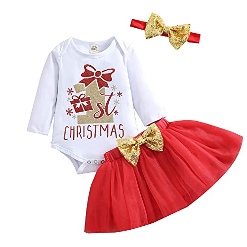 Yassiglia Robes de Noël pour fille complète de 3 pièces pour bébé barboteuse à manches longues jupe princesse en gaze bandeau pour cheveux avec nœud, Cadeau, 6-12 mois Cover