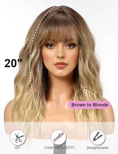 WOKESTAR Long Wig with Fringe Synthetic Wavy Wigs for Women Ombre Brown to Blonde Color, 22 tum - Image 3