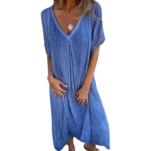 Vestido Midi de Lino y algodón con Escote en V, Vestidos de Lino para Mujer, Vestidos Midi de Lino para Mujer, Vestido Casual de Color sólido (Blue,XL)