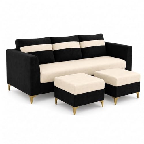 Image of FURNY Nova 5 Seater L Shape Sofa Set with 2 Movable Ottoman | Flexible Left or Right Layout | Plush Velvet Fabric (Black-Cream) | Perfect for Living Room, Guest Room & Office