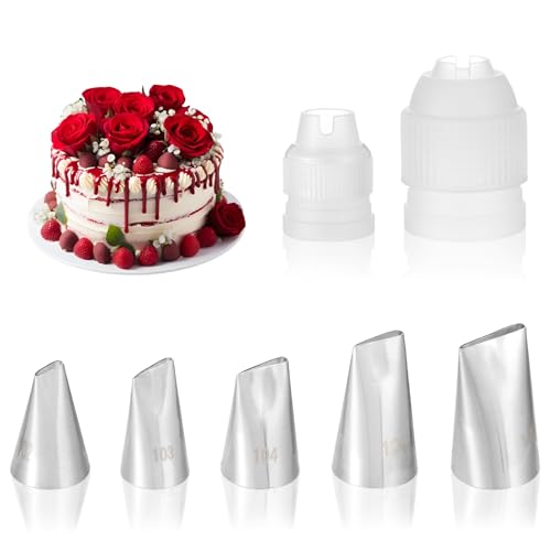 Petal Piping Tips Set with Coupler, 102, 103,104s,104,107 Flower Piping Tips, Stainless Steel Rose Icing Flower Decorating Tip for for Small, Roses, Petals, Ruffles, Bows