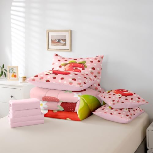 Image of Feelyou Girls Pink Red Strawberry Comforter Set with Sheets 7 Piece Full Size Initial Letter E Bedding Set for Kids Boys Girls Princess Strawberry Bed in a Bag Room Decor Soft Lightweight Microfiber
