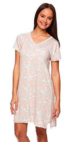 Kathy Ireland Womens Lace Lounge Short Sleeve Dorm Sleep Shirt Pajama Nightgown Icey Grey Medium