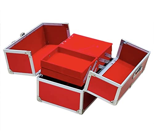 Image of ADSON Professional Beauty Makeup Box Cosmetic Vanity Box /Case 4 Trays With Mirror (Diamond Cut Red)
