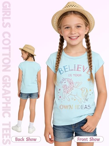 Image of QWE 5 Pack Girls Shirts Cotton Short Sleeve Shirts for Girls Graphic Kids Tops Tees Clothes Summer T-Shirts 5-12Y