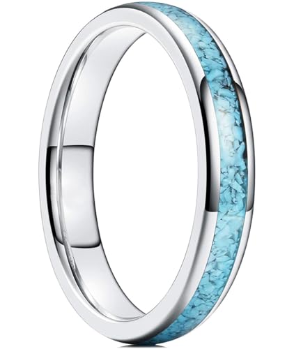 (4mm) Unisex or Women's Tungsten Carbide Wedding Ring Band. Domed Silver Tone Ring with Blue Turquoise Granules Inlay. One Year Warranty Included.