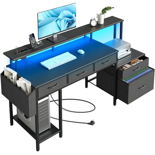 Rolanstar Bureau Informatique 143 cm avec LED, Prises, USB et Type-C, Support Écran, Étagère Imprimante et 5 Tiroirs, Noir
