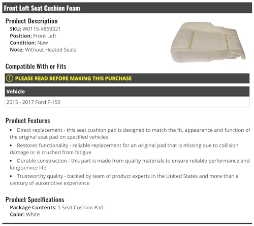 Front Left Driver Side Seat Cushion Foam - Compatible with 2015-2017 Ford F-150 (Models without Heated Seats Only)