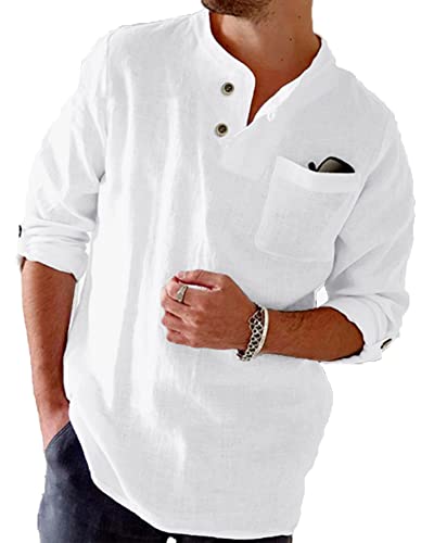 NANAMEEI Chemise Homme Lin Manches Longues Chemise Homme Col Mao Henley Eté de Plage Blanc L