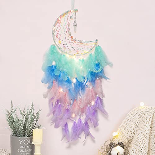 Dremisland Moon Dream Catcher with Fairy Lights Handmade Dreamcatcher Kids Bedroom Accessories Rainbow Feather Lucky Turquoise Pendant Wall Hanging Decoration for Home Bedroom