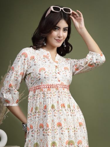 Image of Rama's Women's Printed Cotton One Piece Dress | V-Neck | 3 /4 Sleeves | Empire Waist | Knee Length Casual Dress for Women