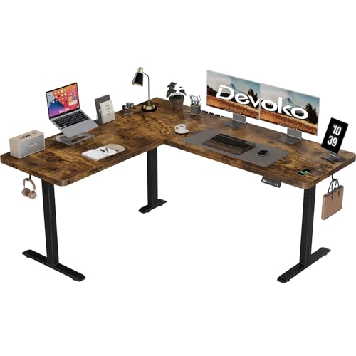 Devoko Höhenverstellbarer Schreibtisch L Form, 160 x 140cm L-förmig Schreibtisch Höhenverstellbar Elektrisch, Eckschreibtisch Ergonomischer Steh-Sitz Tisch Computertisch (Vintage Braun)