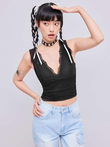 Image of CIDER Lace Crop Tank Tops for Women Going Out V Neck Sleeveless Ruched Tops Trendy Y2K Summer Outfits