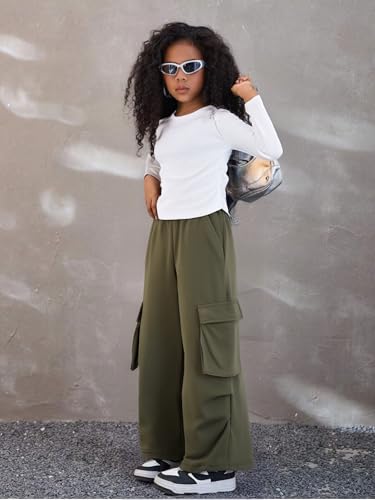 Image of Azmxynol Girls Clothes 2 Piece Outfit Ribbed T-Shirt Top + Cargo Pants, Girls Fall Clothing Set, Sizes 5-16 Years