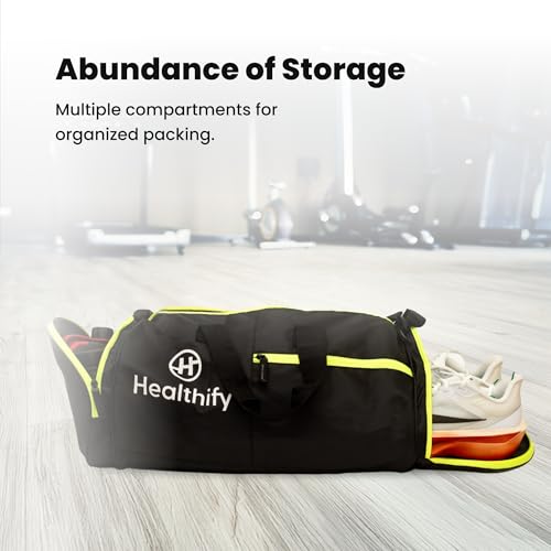 Image of HealthifyMe Gym Bag for Men & Women with Seperate Shoe Compatment, Water-Resistent Duffel Travel Bag, Adjustable Shoulder Bag for Gym Workout, Wet Pocket, Premium Unisex Sports Bag for Towel, Bottle