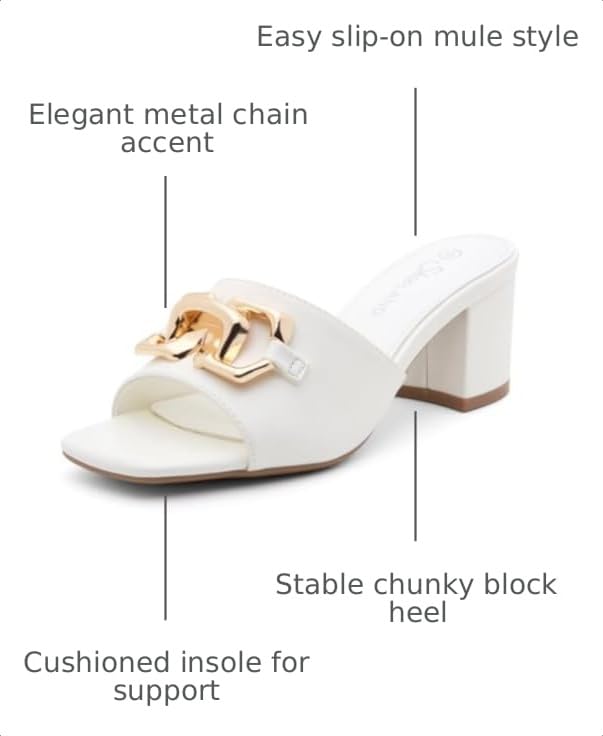 Image of Shoe Land Women's Low Block Heels 2025 - Square Open Toe Slip-On Mules with Metal Chain, Comfortable Chunky Dressy Heeled Slides for Wedding, Office, Party & Everyday Wear