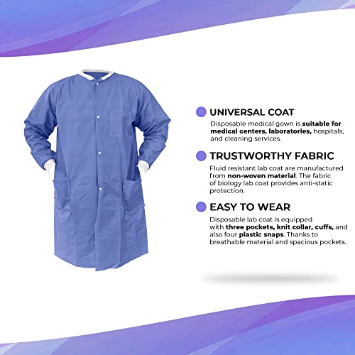 Amz Medical Supply Disposable Lab Coat Large, Pack Of 10 Blueberry Disposable Lab Coats For Adults, 45 Gsm Sms Painting Lab Coat Disposable With 3 Pockets, Snaps, Cuffs, Unisex Lab Coats Disposable #TOP2
