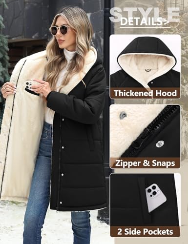 Vancavoo Wintermantel Damen Winterjacke Warm Gefüttert Steppmantel Winterparka Winter Jacket Mäntel Parka Frauen Daunenmantel mit Kapuze,Schwarz,L