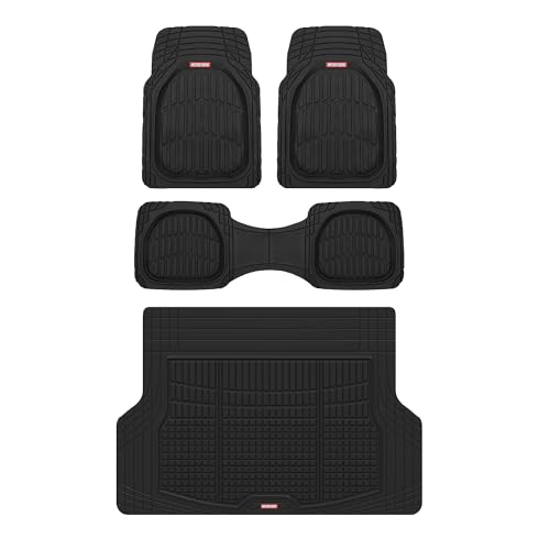 Motor Trend FlexTough Contour Liners Deep Dish 3 pc Rubber Floor Mats & Trimmable Trunk Liner Cargo Mat - Heavy Duty All Weather Protection Car Mats with Traction Grips Car Accessories (Black)