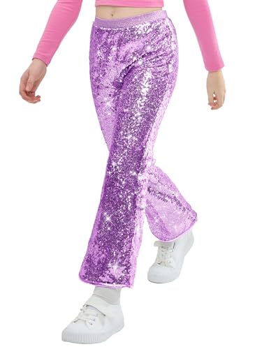 Pantalon à paillettes pour filles coupe patte d'éph disco avec ceinture extensible
