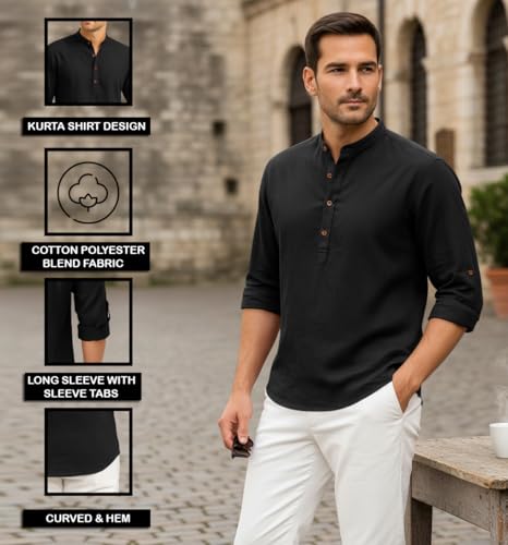 Image of Zombom Men's Cotton Blend Kurta Shirt with Full Sleeves Mandarin Collar Neck Solid Pattern for Men Regular Fit Ethnic Wear Casual Festive Top Modern Style | Cotton Shirt for Mens