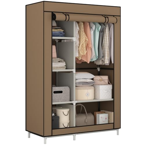 Image of Calmootey Portable Closet Organizers, Clothing Storage, Wardrobe with 6 Shelves and Hanging Rod, Non-Woven Fabric Cover with 4 Side Pockets, Brown