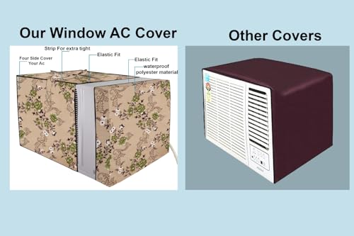 Image of The Furnishing Tree Elastic fit waterproof Polyester window ac cover suitable for Croma 1 Ton, Dustproof cover for inner and outer section, In CM: (48.26x59.69x38.74), Floral Pattern Beige