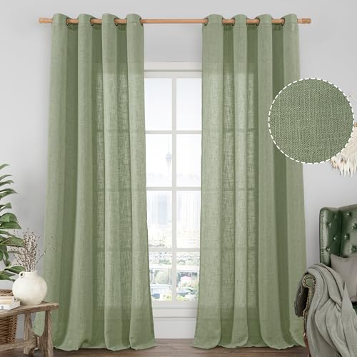 Image of LAMIT Sage Green Linen Sheer Curtains 84 inch for Living Room, Linen Textured Light Filtering Drapes Bronze Grommet Boho Panels for Farmhouse /Living Room, 2 Panels, 52 x 84 Inch
