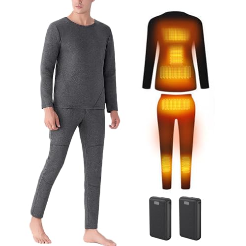 TOVCHEI Heated Thermal Underwear Set with Battery USB Electric Heating Shirt Pants Warm Fleece Base Layer Top & Bottom,Men grey,3XL