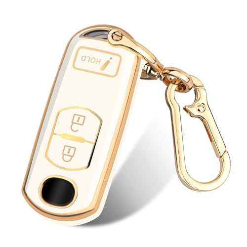 FT FUNTOR for Mazda Key Fob Cover 3 Buttons TPU Key Cover with Golden Edge Compatible with Mazda 3 6 CX-3 CX-5 CX-7 CX-9 with Keychain (A-White)