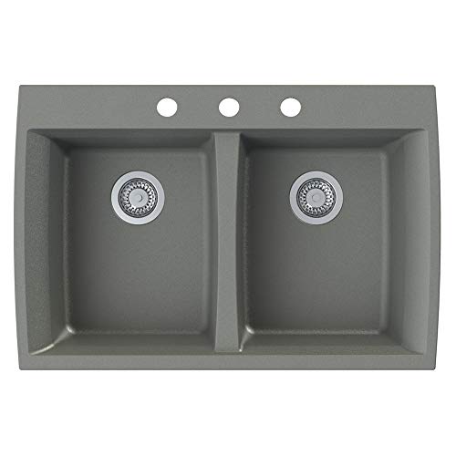 Transolid GTDE3322-17-BCD Genova SilQ Granite 3-Hole Dual-Mount Double Equal Kitchen Sink, 33-in L x 22-In W x 8-in H, Grey