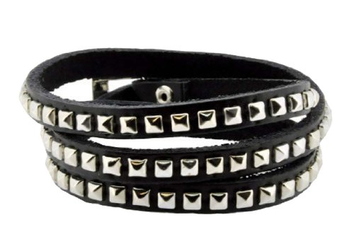 Leather Silver Tone Metal Stud Simple Elegant Wrap Around Bracelet (Black)