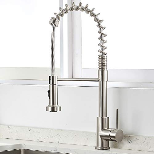 VAPSINT Commercial Brushed Nickel Solid Stainless Steel Pulldown High-Arc Kitchen Faucet, Kitchen Sink