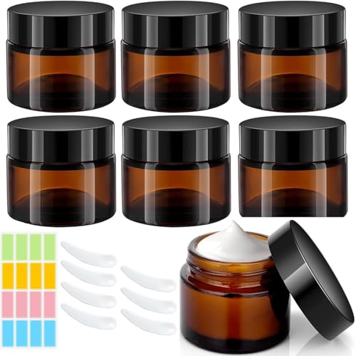 CafullCon Cremedosen zum Befüllen 100ml, 6 Stück Braunglas Salbentiegel, Braun Glastiegel Creme Behälter, Tiegel für Creme mit Aufkleber Kratzlöffel für Kosmetik Cremes Lotionen Ätherische Öle Pulve