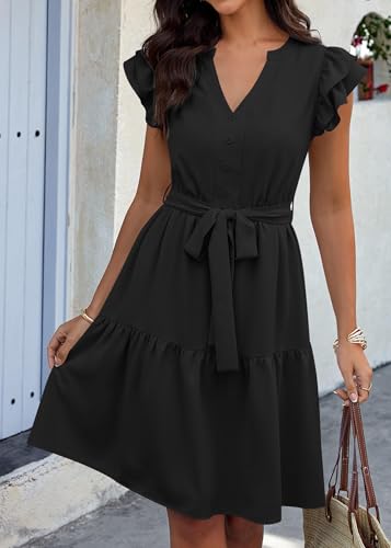 KIRUNDO Women Flutter Sleeve Summer Dress 2025 Spring V Neck Ruffle Flowy Tiered Knee Length Belted Beach Vacation Sundress4