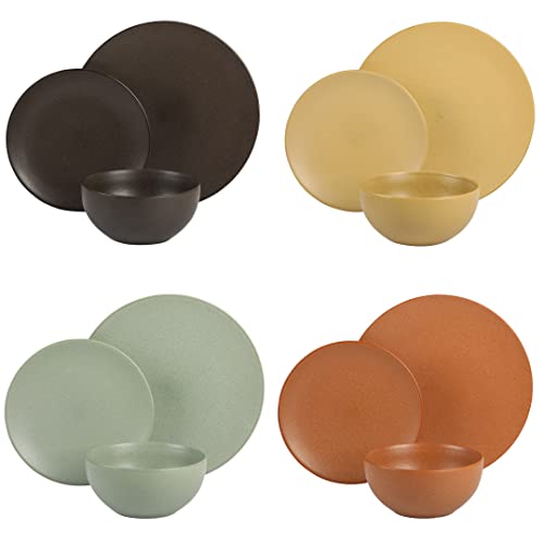 Image of Gibson Elite Capetown Assorted Color Reactive Glaze Round Stoneware Dinnerware, Black, Yellow, Orange, Green, Service for Four (12pcs)