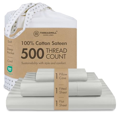 Threadmill 500TC Cotton Twin XL Sheet Set, Damask Stripe, Light Grey