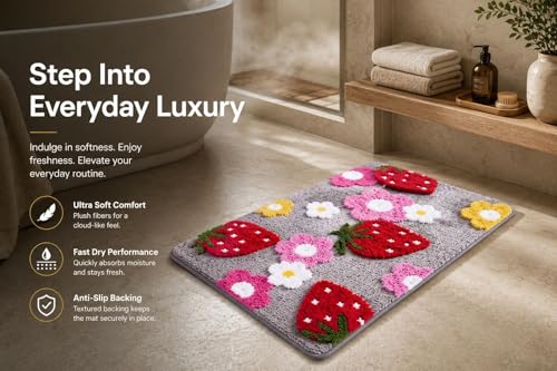 Image of Tomato Bath Mat: Super Soft Shaggy Kids Bathroom Rug, Anti-Skid, Absorbent, Cute Cartoon Fruit Design, Non-Slip Floor Mat (60 x 40 Cm) (Strawberry Fruit Bath Mat)