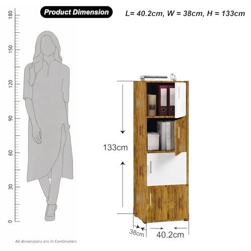 Image of Callas Wooden Book Rack | Multi-Compartment Storage Cabinet | Space-Saving Vertical Bookshelf with Doors | Durable & Sturdy Organizer for Home & Office (Walnut, 4 Tier)