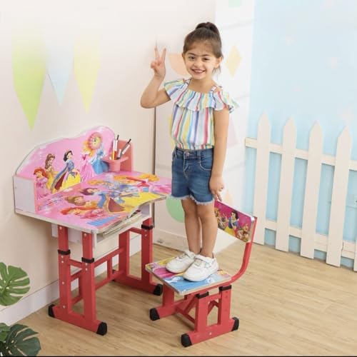 Image of Kids Study Table and Chair Set | 4-15 Years | Adjustable Height| Strong and Ergonomic | Multifunctional Writing Desk for Kids (Pink)