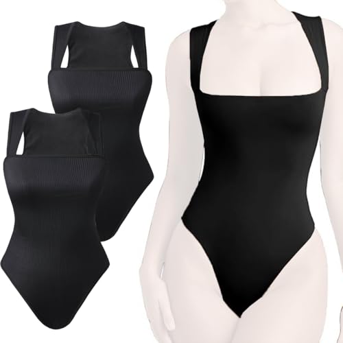 NALACAL 2Pcs Shapewear Bodysuits, Wide Shoulder Straps Seamless Bodysuit, Sexy Ribbed Sleeveless Square Neck Stretch Tank, Shapewear Tummy Control Tank Tops Bodysuits for Women, Black L