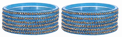 Image of NMII Glass with Zircon Gemstone and Beads Studdded Glossy Finished Traditional Bangle Set For Women and Girls