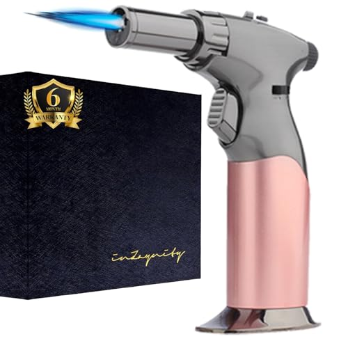 Dual Flame Butane Torch Gun - Refillable Luxury Hand Held Mini Blow Torch for Cooking, Creme Brulee, Soldering, Welding, & Resin Art - Adjustable Flame with Ignition Lock - Steel Blush by inZaynity