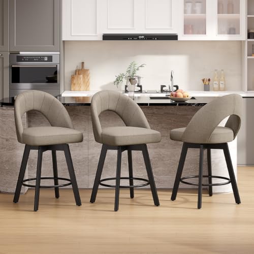 Image of YaFiti 24 inch Counter Height Swivel Bar Stools Set of 2, Oatmeal | Swivel Bar Stools with Ergonomic Curved Back, Fabric Upholstered Seat and Solid Wood Legs for Kitchen Island