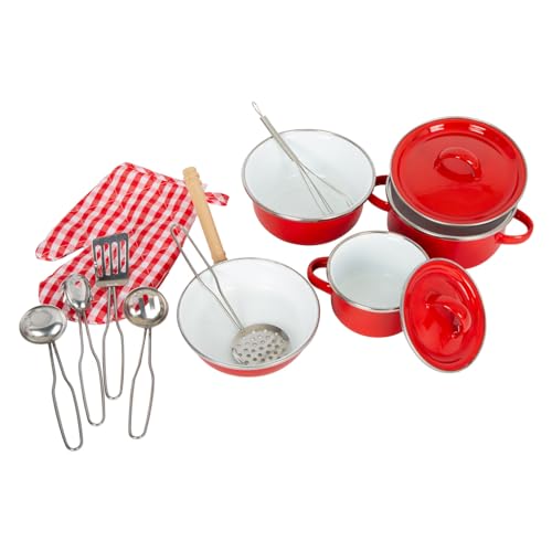 Small Foot 8964 Metal cookware, for Children's Kitchens, incl. Gloves and Kitchen Utensils, 13 pcs., from 3 Years Old