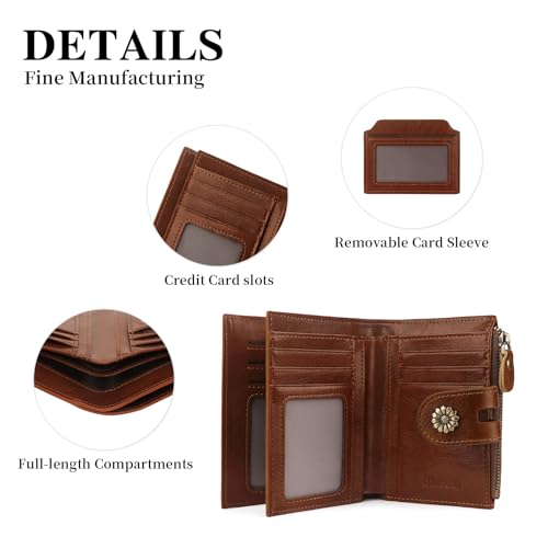 Image of Wallet Women,RFID Blocking Womens Wallet,Real Leather Bifold Compact Small Wallet for Women Card Holder with Zip Coin Pocket(Darkcoffee)